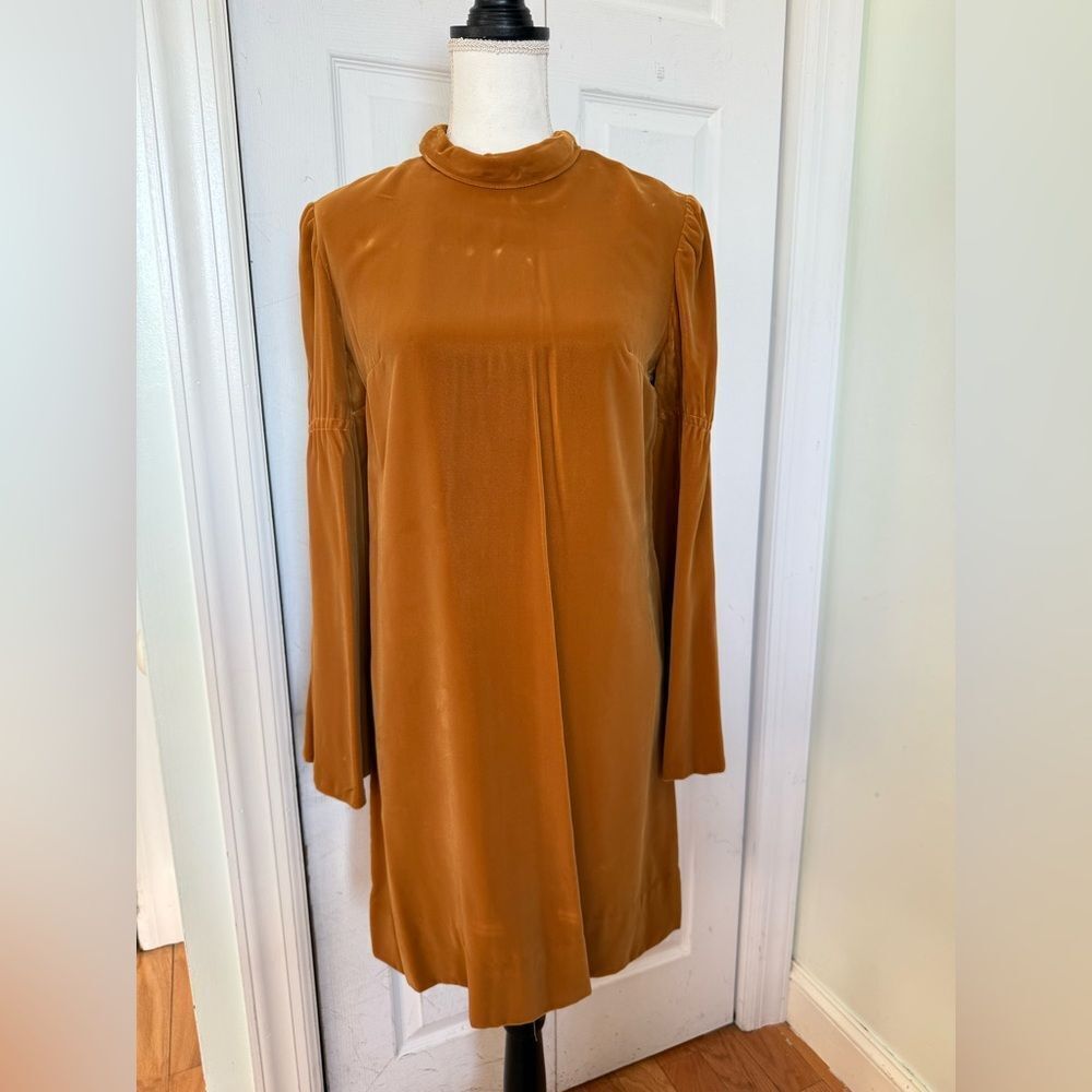 1970s Mustard Colored Rich Velvet High-Collar Dress